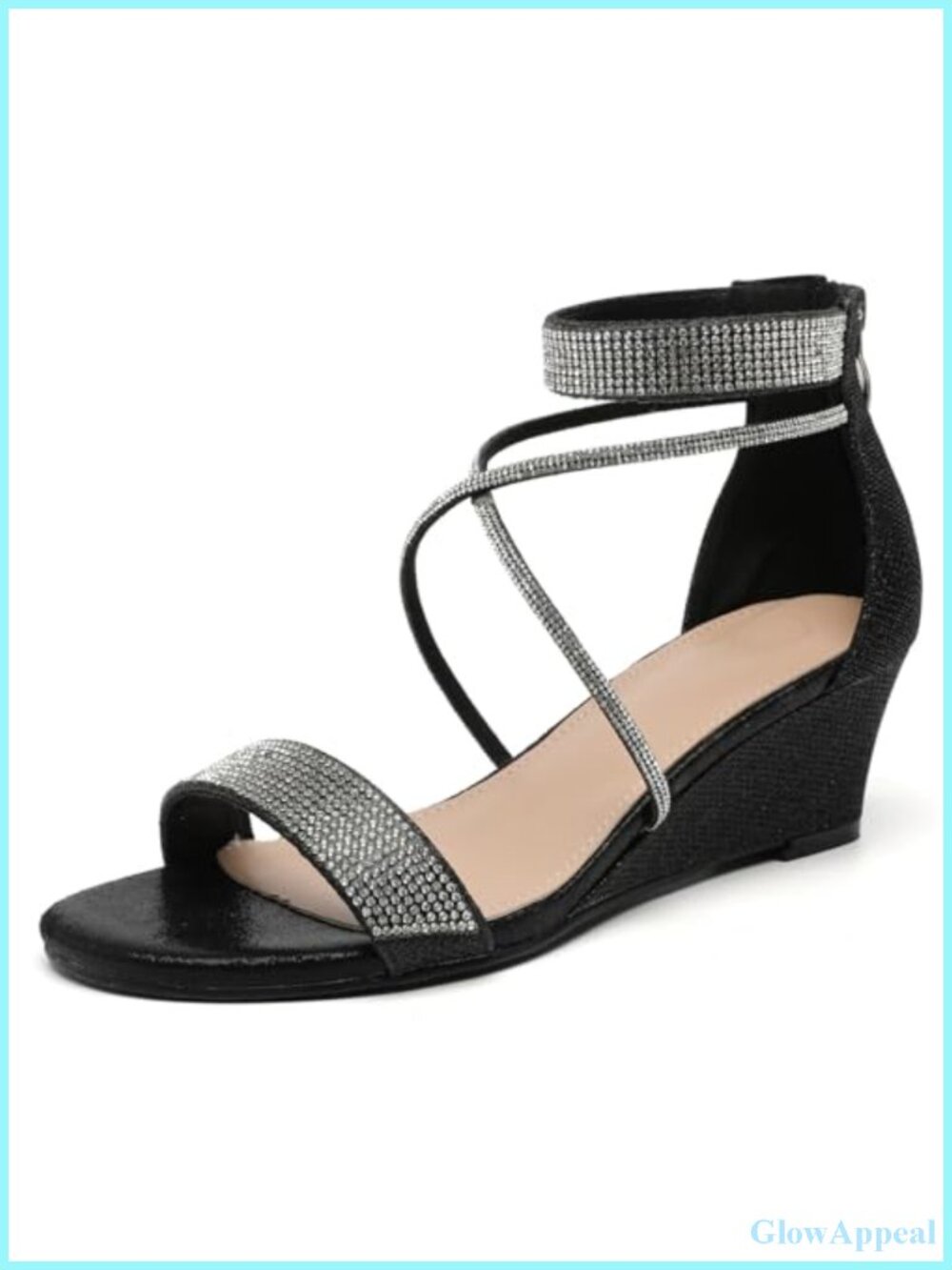 Open Toe Ankle Strap Glitter Rhinestone Low Wedge Sandals Wedding Dress Pumps